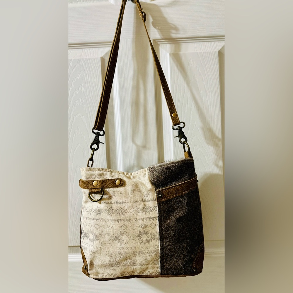 Myra Handbag - Floral Side Upcycle Canvas & Cowhide Leather Shoulder Bag